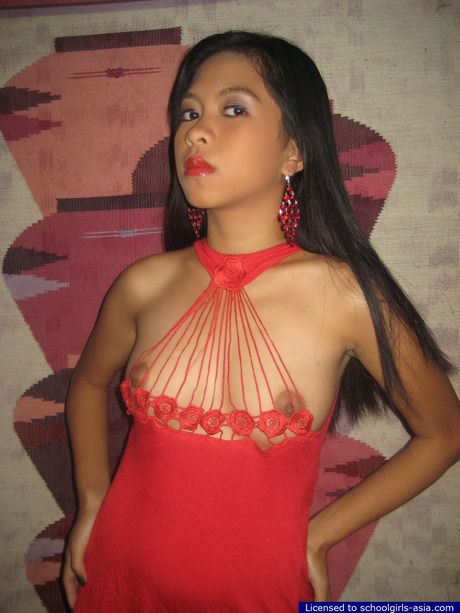 18yo Mia lifts her red nightie to unveil her tiny tits and her tight hairy pussy