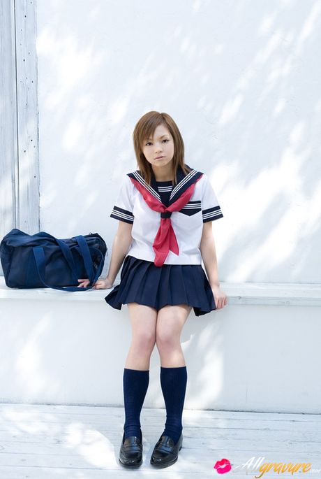 Runa Hamakawa Asian plays with her uniform skirt after classes